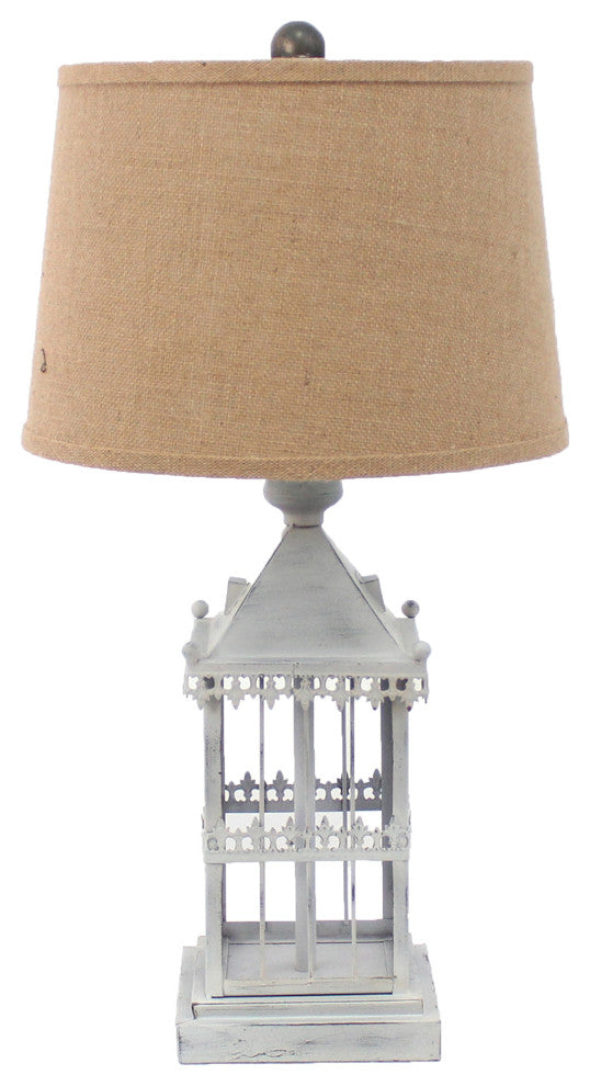 26" Gray Metal Table Lamp With Brown Drum Shade