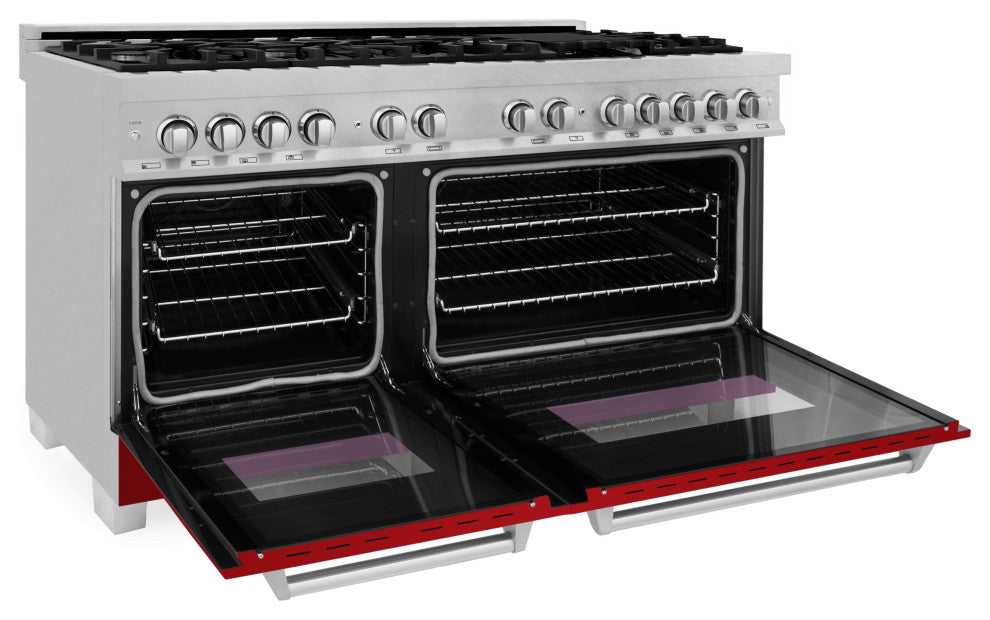 ZLINE 60" Dual Fuel Range, DuraSnow With Red Gloss Door RAS-RG-60