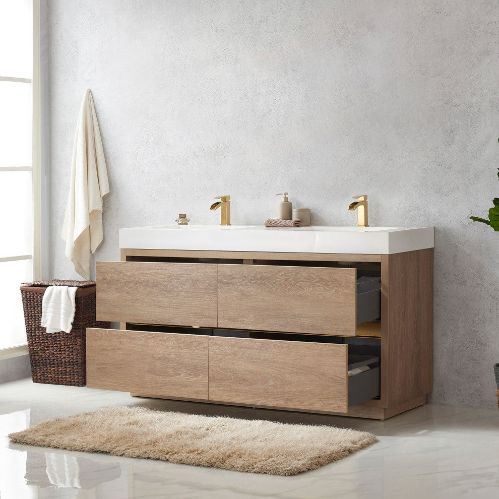 Huesca Bath Vanity, Integrated Sink Top, North American Oak, 60" Double Sink, Without Mirror