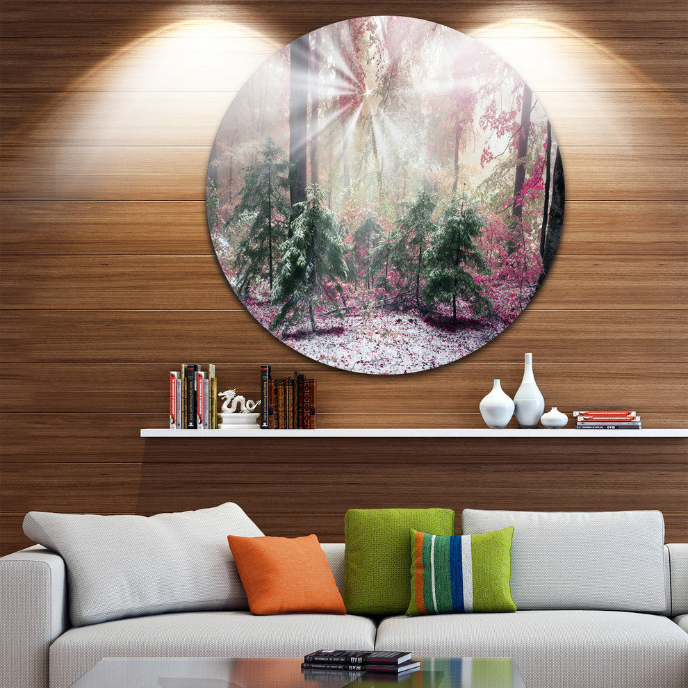 Purple Forest With Sun Rays, Landscape Photo Round Wall Art, 38"
