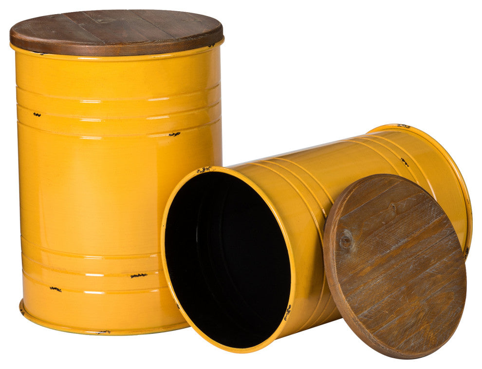 Farmhouse Metal With Solid Wood Seat Storage Stool, Set of 2, Yellow