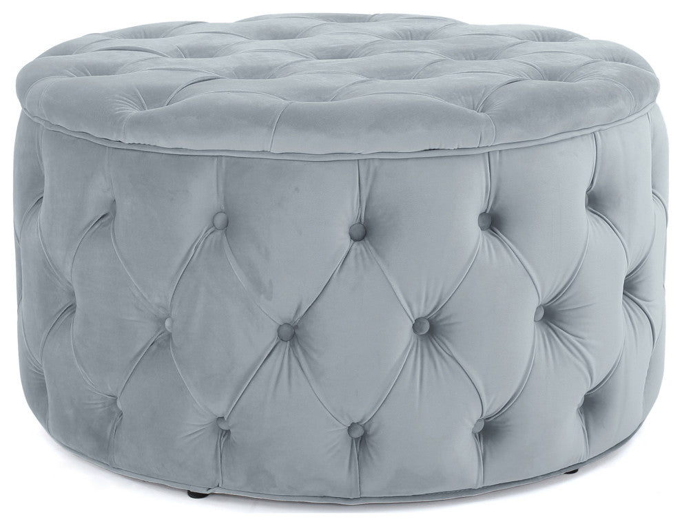 GDF Studio Maelyn Modern Glam Tufted Velvet Round Ottoman, Sky Gray