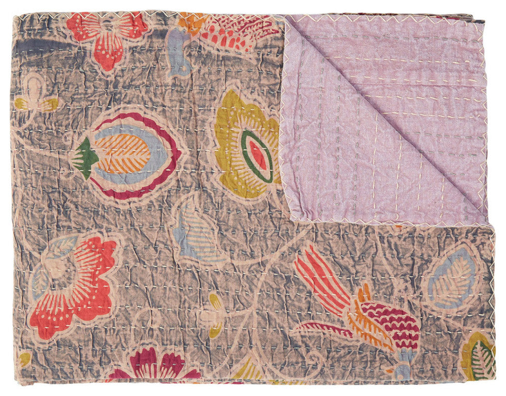 50"x70" Gray and Pink Kantha Cotton Floral Throw Blanket With Embroidery