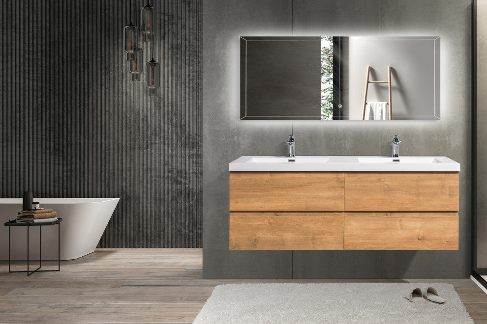 Alma-Pre 4 Drawers Wall Mount Vanity, Integrated White Sink, Natural Oak, 60"