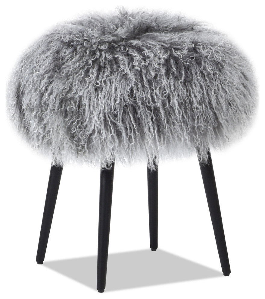 Alberta 16" Mongolian Sheepskin Genuine Fur Round Ottoman, Dimensional Gray