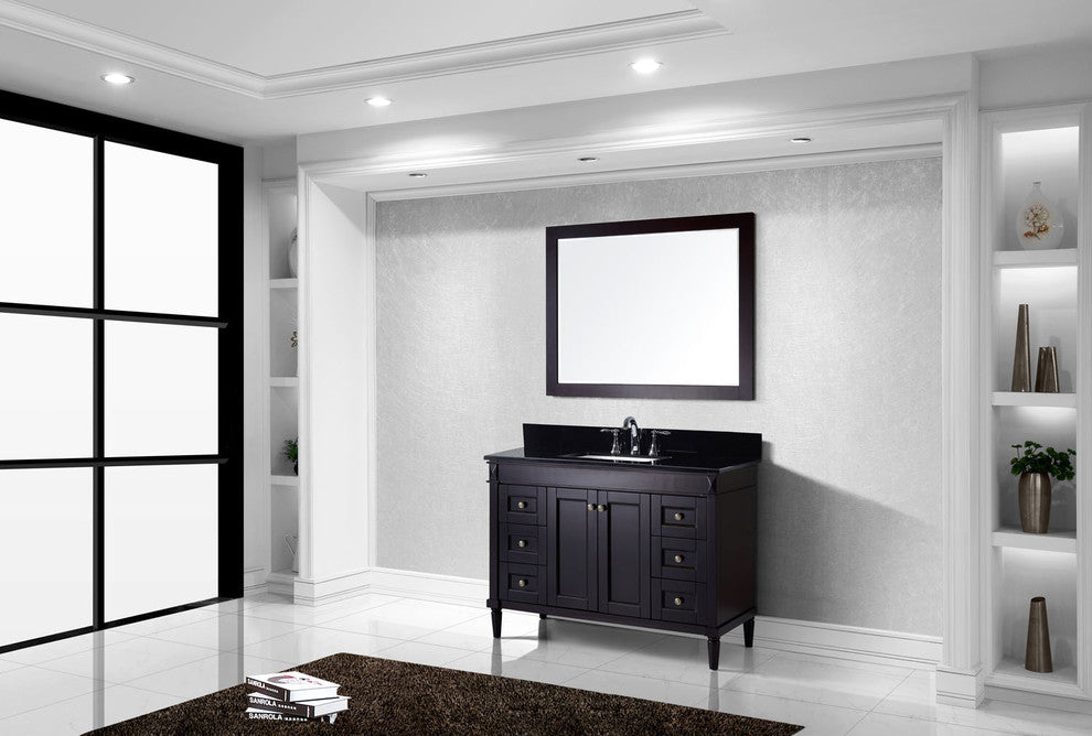 Virtu Tiffany 48" Single Bathroom Vanity, Espresso , Black Granite Top, Mirror