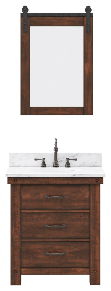 Aberdeen Carrara Marble Countertop Vanity in Rustic Sierra with Barn Mirror