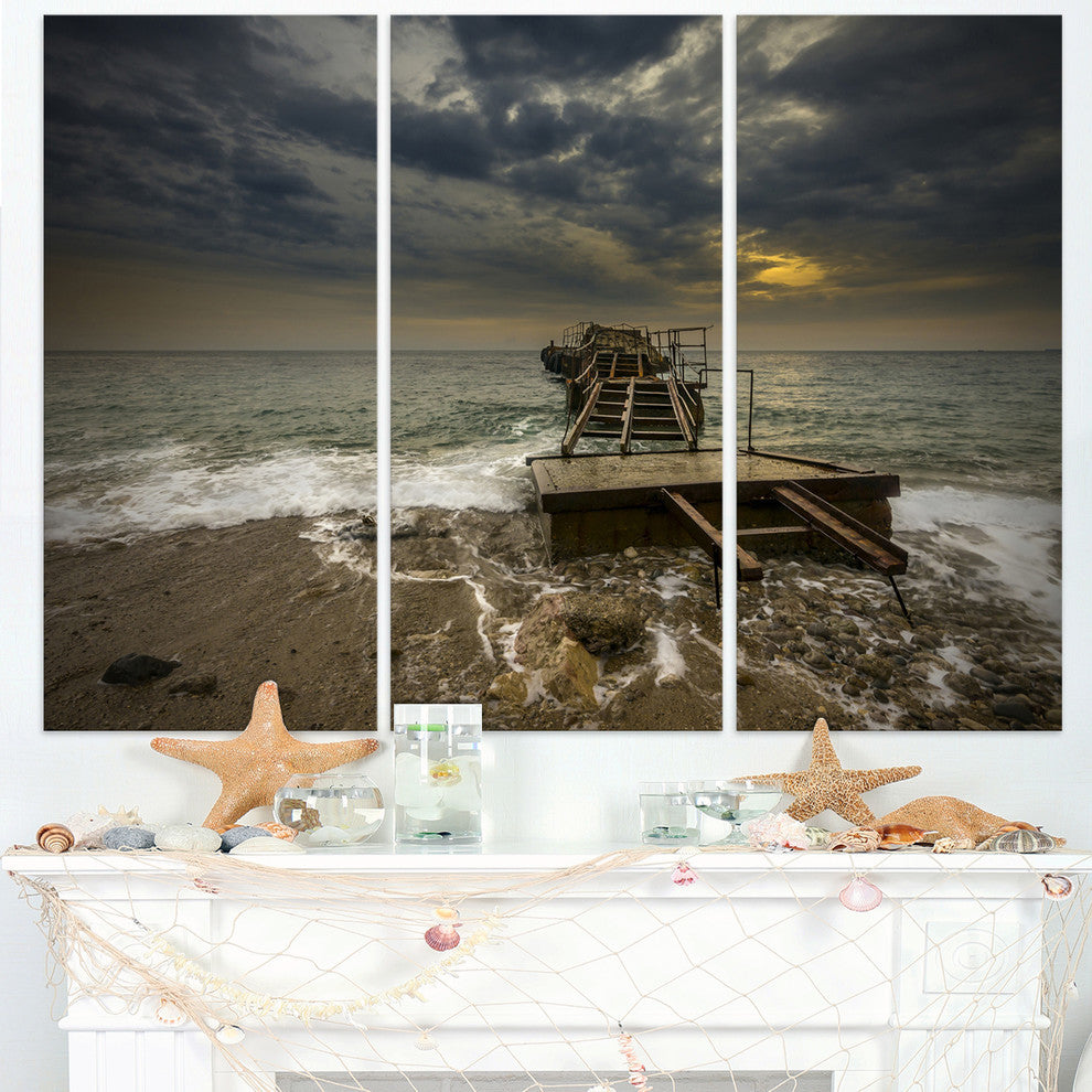 "Ruined Wooden Pier for Boats at Sunset" Metal Wall Art, 3 Panels, 36"x28"