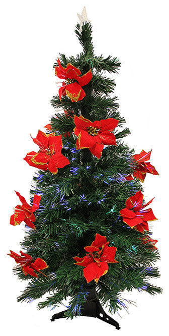 Pre-Lit Fiber Optic Artificial Christmas Tree with Red Poinsettias, Multi, 5'