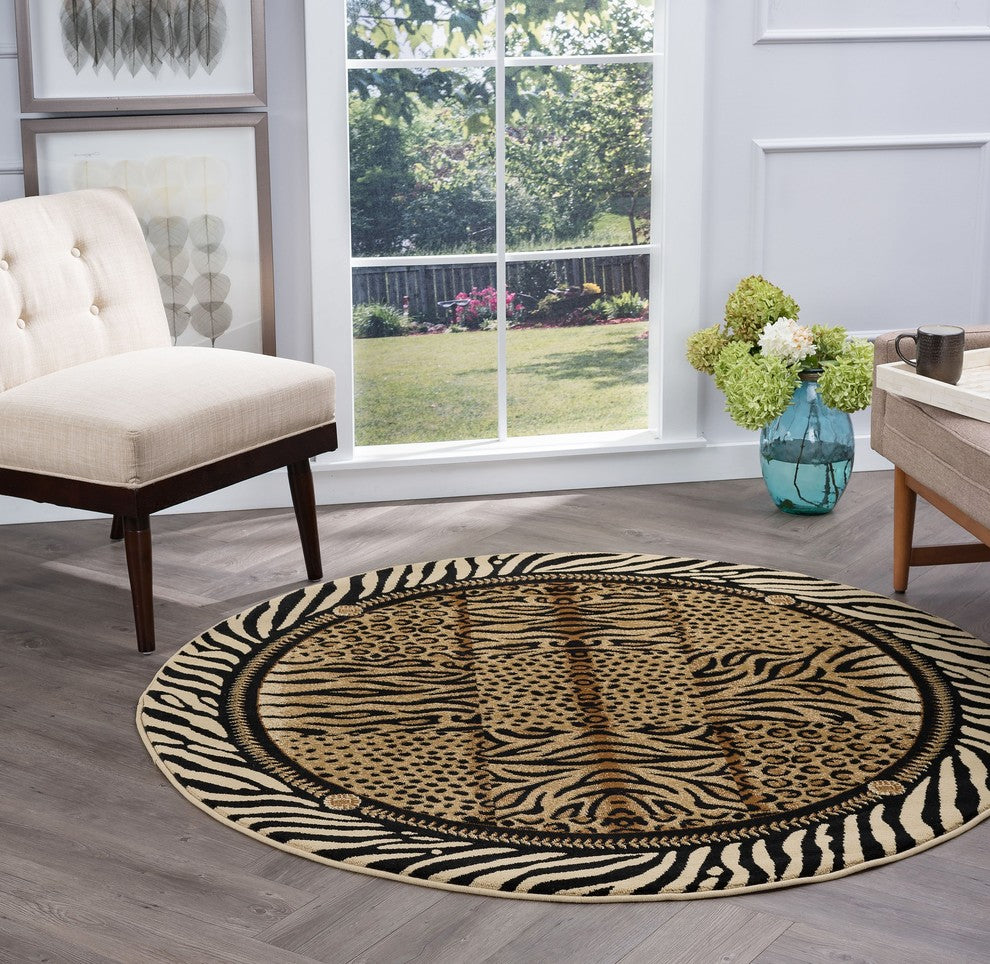 Savannah Contemporary Animal Beige Round Area Rug, 5' Round