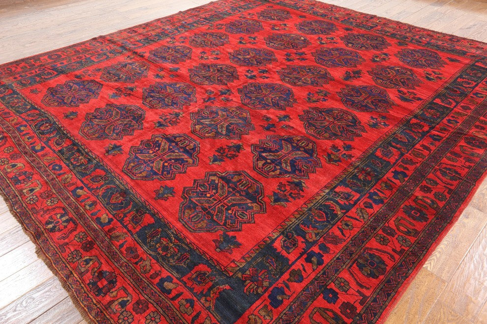 Red Afghan Bokhara Hand-Knotted Oriental Wool Rug, 11'x12'