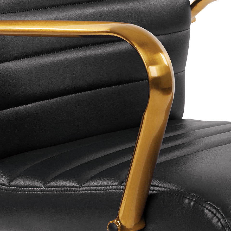 Mid-Back Faux Leather Chair With Gold Arms and Base, Black