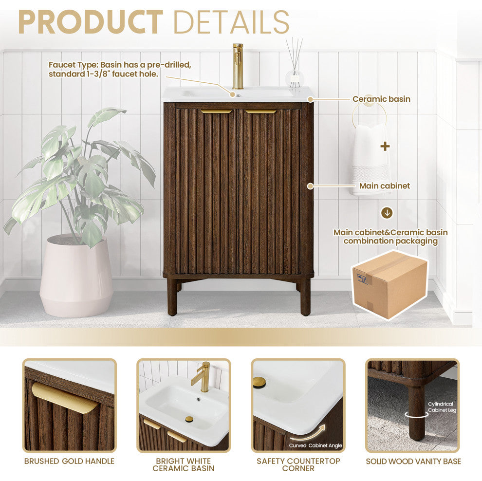 Mumbai Bath Vanity with Ceramic Basin Top without Mirror, Dark Brown Oak, 24", Single Vanity