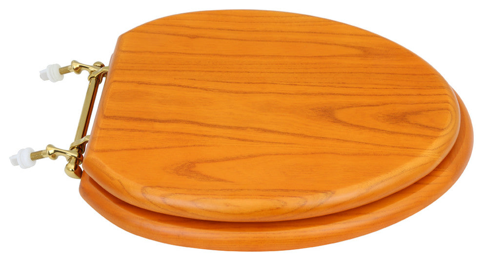 Wooden Elongated Toilet Seat Golden Oak Finish with Brass PVD Hinges Renovators