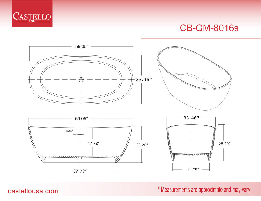 CastelloUSA Manhattan Solid Surface Stone Resin Freestanding Tub, White, 59"