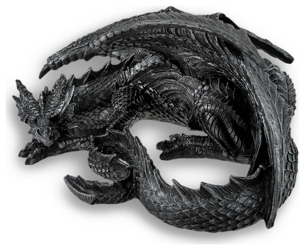 Somasaurus Metallic Black Gothic Sleeping Dragon Statue 12 in.