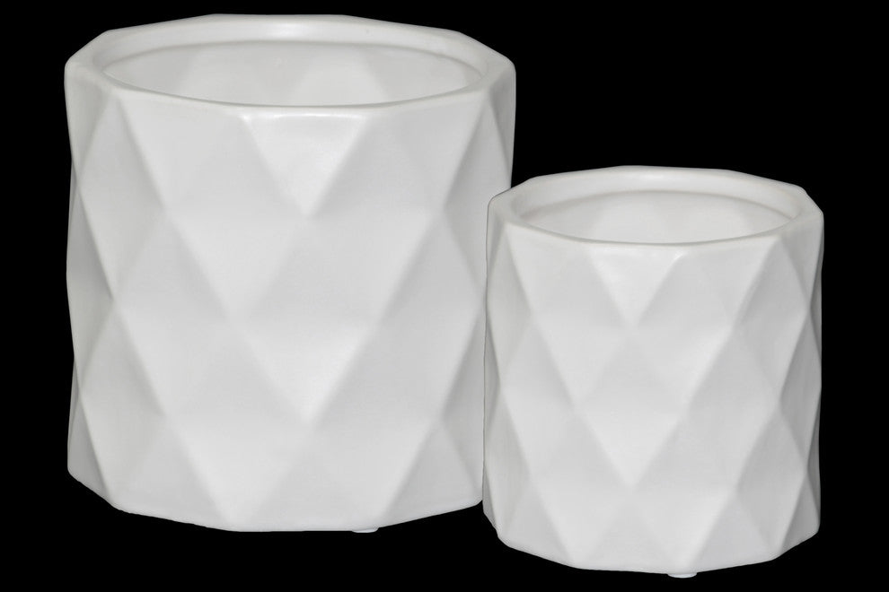 Cylindrical Pots, Wide Mouth and Embossed Diamond Design Body 2-Piece Set, White