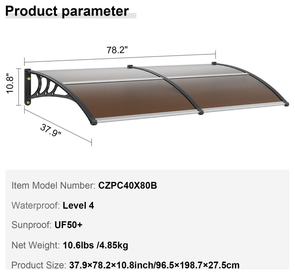 VEVOR Window Door Awning Canopy UV Rain Cover 38"x78" PC Sheet Brown