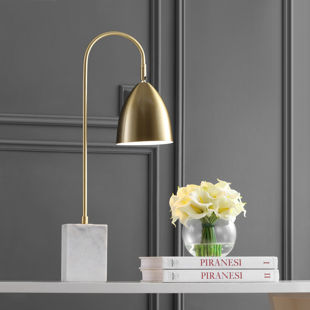 Ana 26" Metal With Marble Base LED Table Lamp, Brass Gold and White