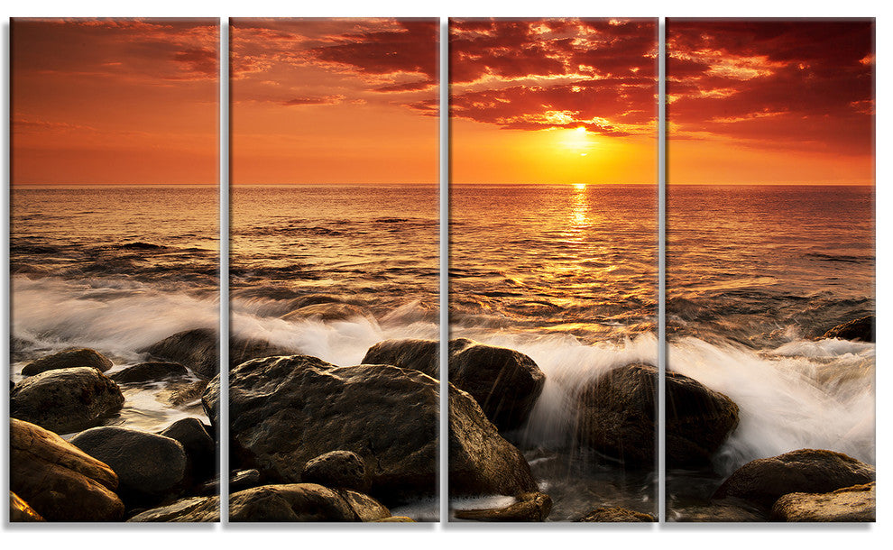 "Bright Sunset Over Rocky Shore" Modern Seashore Canvas Art, 4 Panels, 48"x28"