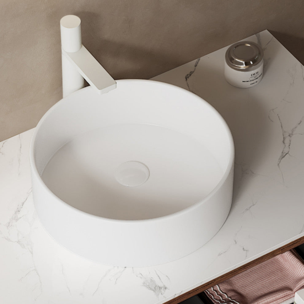 Wall-Mounted Bathroom Vanity With White Round Ceramic Basin, Walnut, 24"