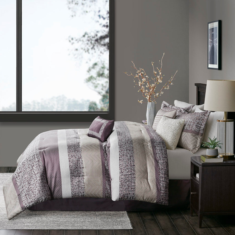 Madison Park Rhapsody Jacquard Stripe Mosaic 7-Piece Comforter Set, Purple