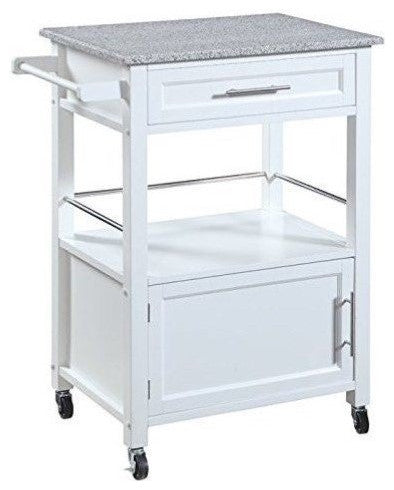Linon Mitchell Wood Granite Top Rolling Kitchen Cart Ample Storage in White