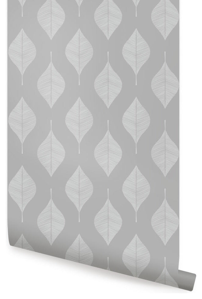 Line Leaves Peel and Stick Vinyl Wallpaper, Off White Cool Gray, 24"w X 108"h