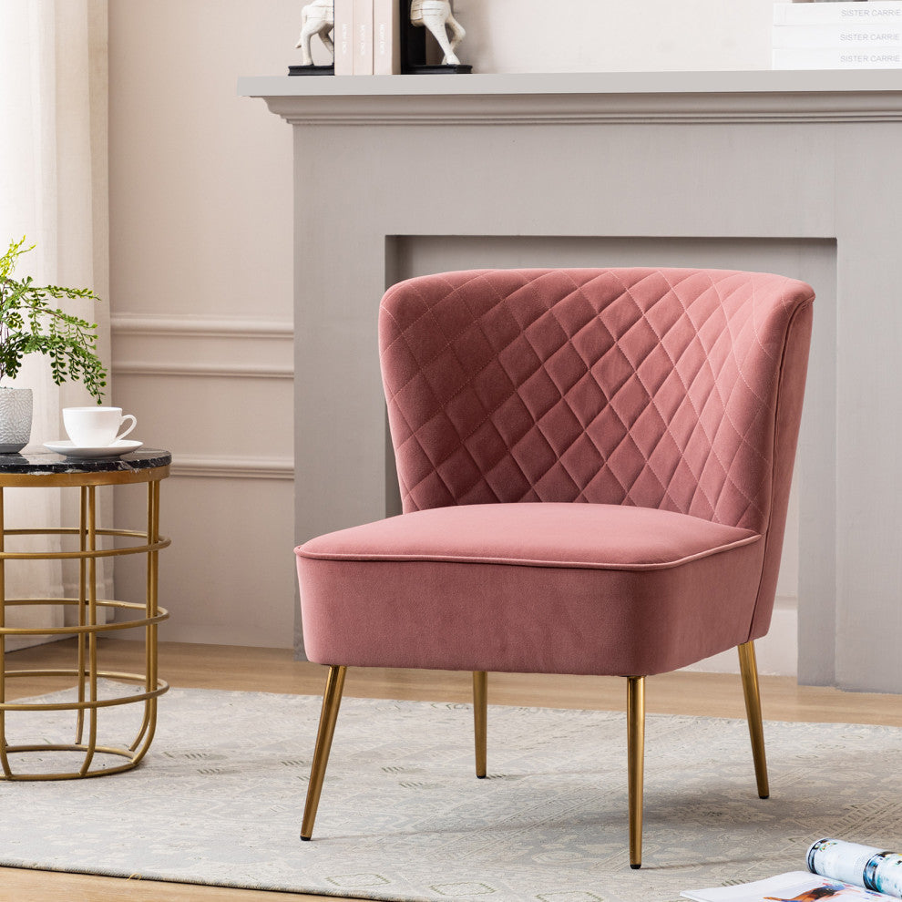 Diamond Stitched Bright Velvet Slipper Chair, Pink