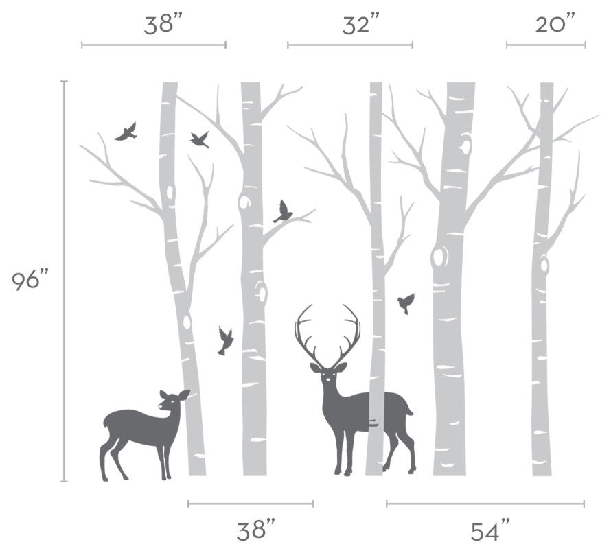Birch Tree With Deer and Bird Wall Decals Sticker Set, Scheme A, 96" Tall Trees
