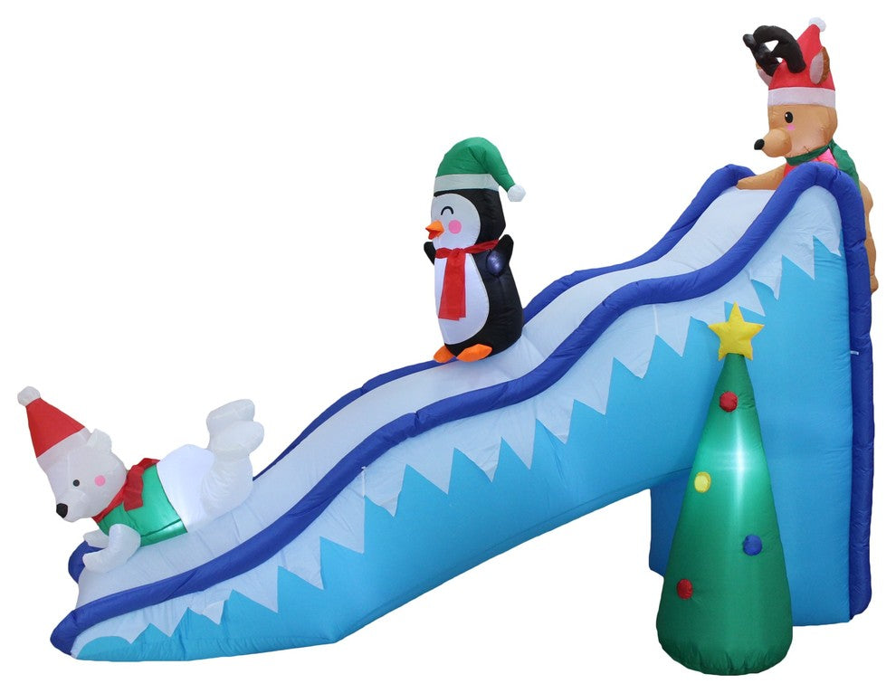 Inflatable Trio Polar Bear, Penguin and Reindeer Playing On Slide, 9'