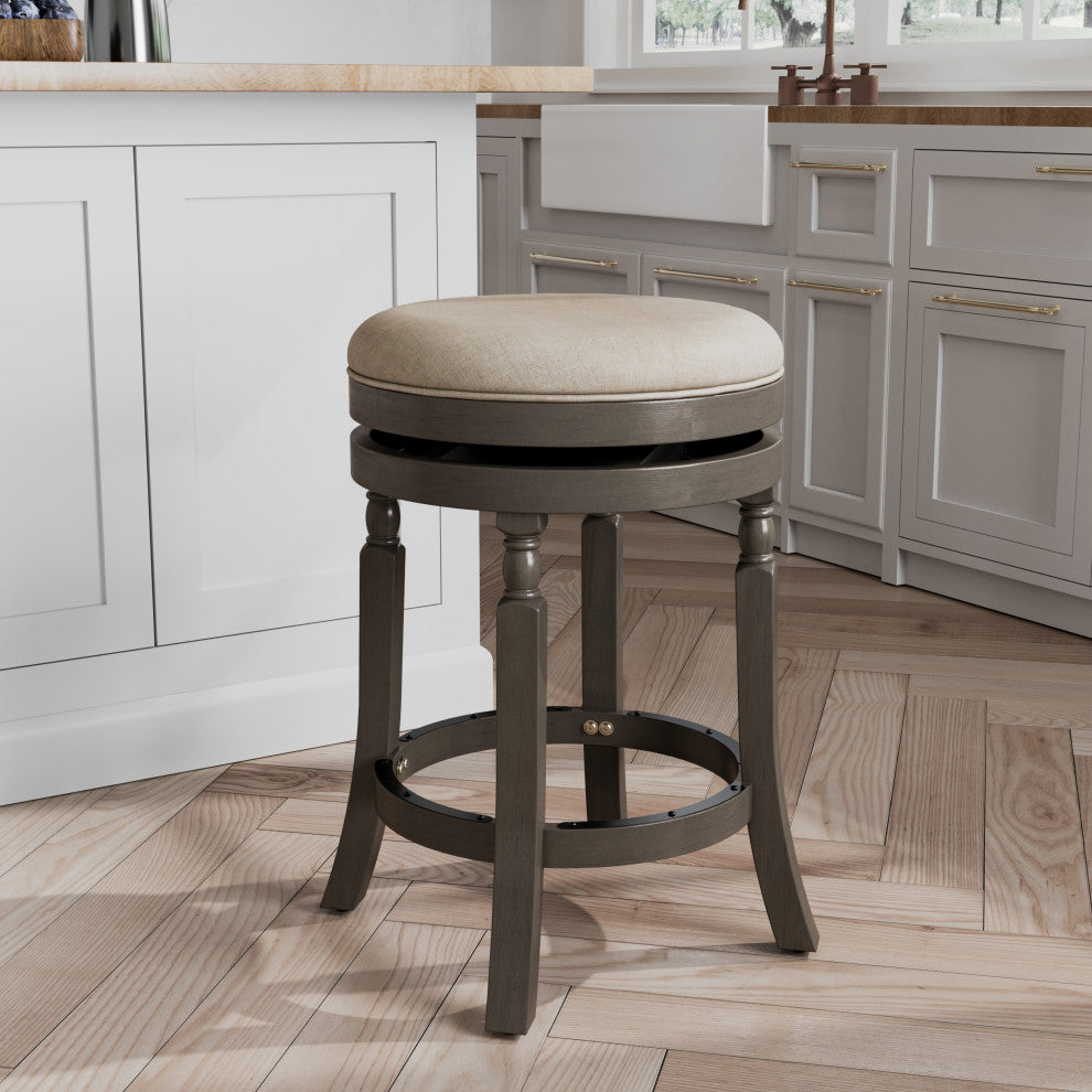DTY Palmer Lake Swivel Stool, Weathered Gray/ Beige Fabric Seat, 24" Counter Stool