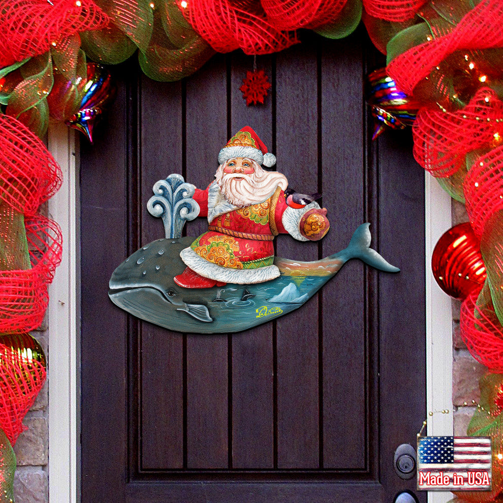 Coastal Whale Riding Santa, Wooden Decorative Holiday Door Hanger