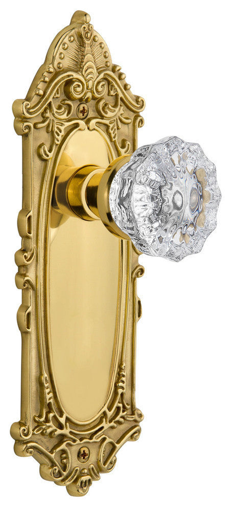 Victorian Plate Privacy Crystal Glass Door Knob, Polished Brass