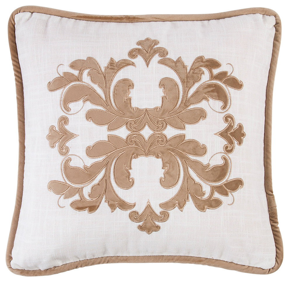 Square Linen Pillow With Velvet Embroidery, 18"x18", Oatmeal