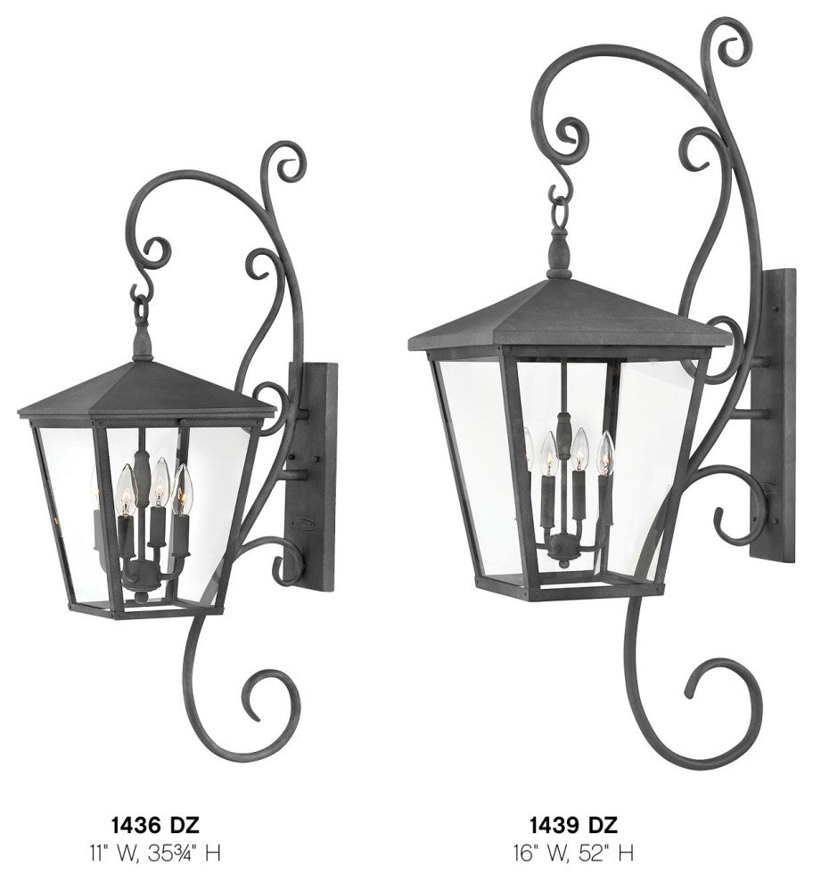Hinkley Trellis Large Wall Mount Lantern With Scroll, Aged Zinc