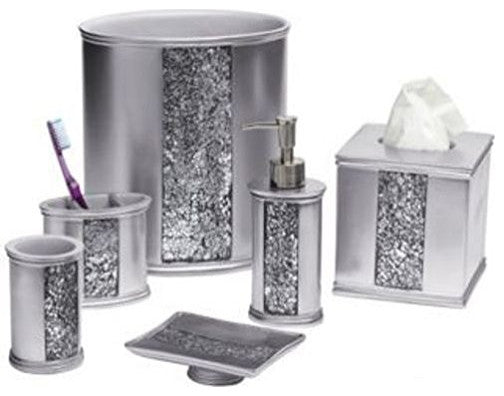 Popular Bath "Sinatra Silver" 6 Piece Resin Bath Accessory Set Cracked Glass