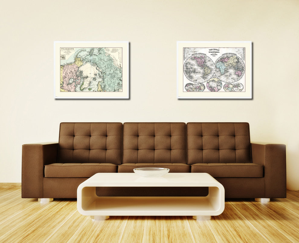 North Pole Stieler Vintage Old Map Print On Canvas With Picture Frame 28" X 37"