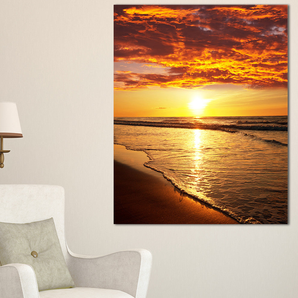 "Vibrant Yellow Sun and Calm Waves" Seashore Canvas Wall Art, 30"x40"