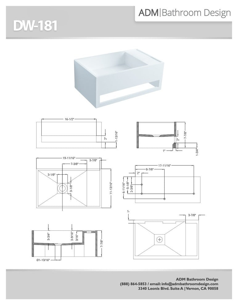 ADM Rectangular Wall Mounted Sink, White, 20", Matte White