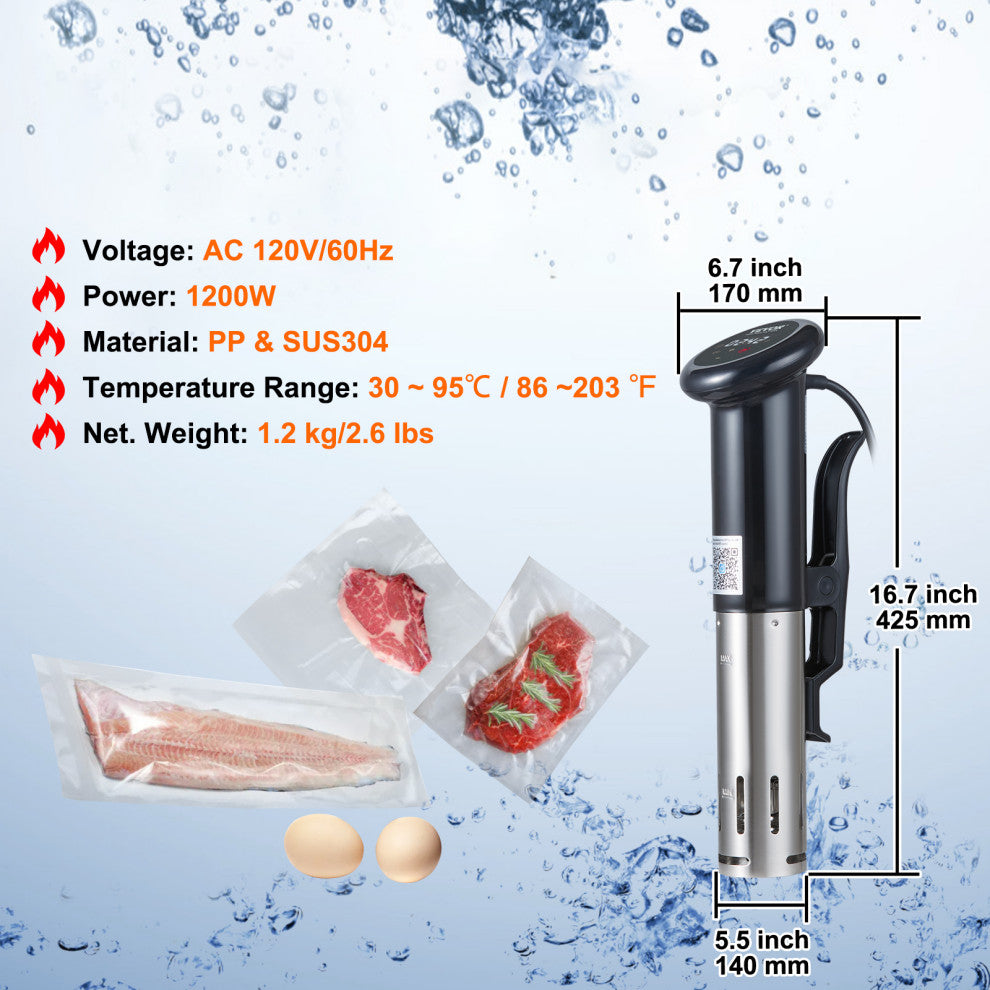 VEVOR Sous Vide Machine Cooker 1200W Timer Bluetooth Wi-Fi App Touch Control