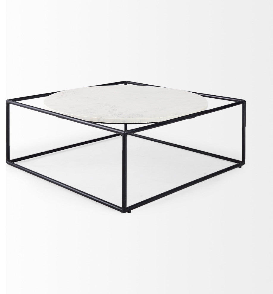 Austen 36Lx36Wx14H Round White Marble Top, Black Metal Frame Coffee Table