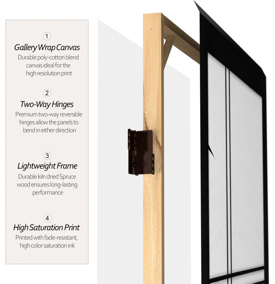 6' Tall Canvas Bamboo Tree Room Divider, Black, 3 Panels