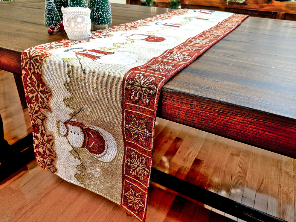 Mr. and Mrs. Snowman Couple Woven Tapestry Table Runner, 13"x90"