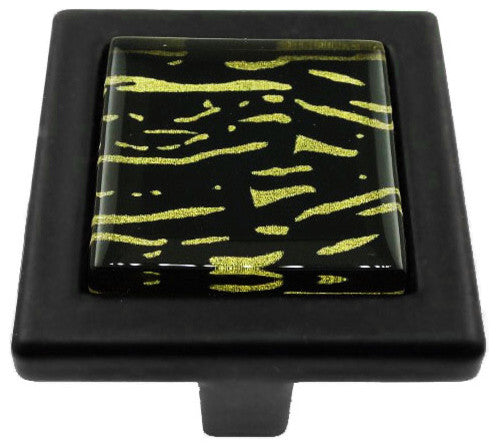 Hand Painted Abstract Golden Lines Crystal Glass Black Metal Square Manor Knob