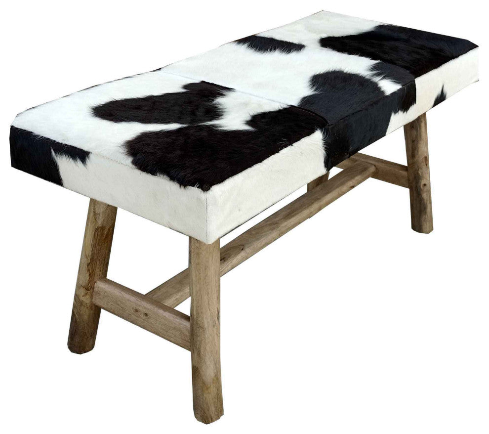 Tauro Black and White Cowhide Bench With Wooden Legs