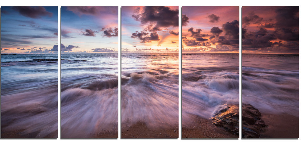 Beautiful Sea Waves At Sunset, Beach Photo Canvas Print, 60"x28", 5 Panels