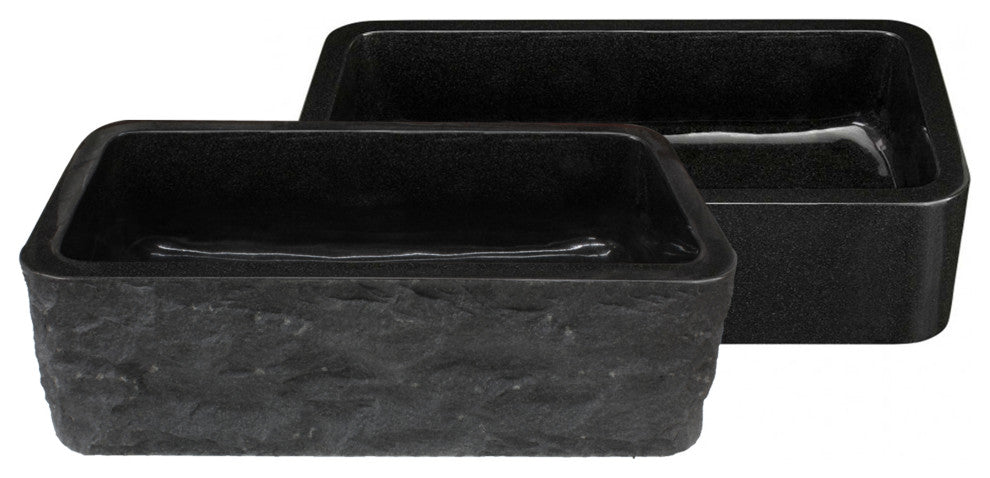 Single Bowl Kitchen Sink, Black Granite With Natural Chiseled Apron