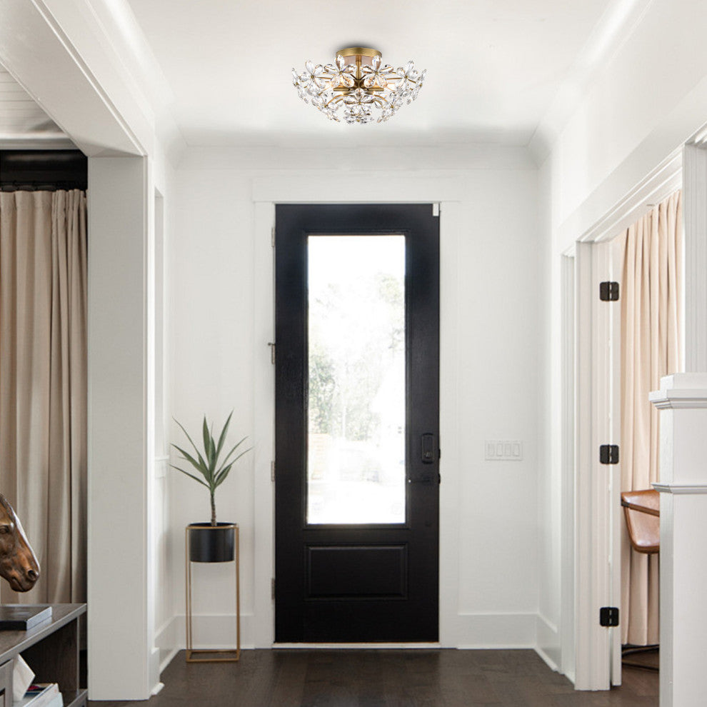 Grace 6-Light Crystal Glass Flower Flush Mount, Brushed Brass Finish