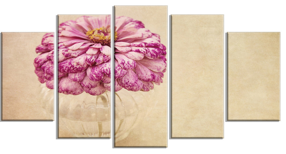 Pink Flower in Vase Watercolor, Large Floral Canvas Art Print, 60"x32", 5 Panels
